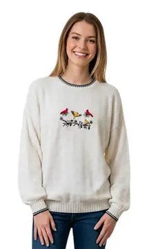 Gander Mountain Vintage Ivory Embroidered Birds Sweater Size Large