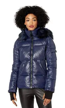 S13 NEW YORK Navy Shiny Faux Fur Hood Puffer Jacket Women's Medium