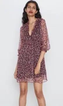 ZARA  Floral V-Neck Ruffle Chiffon Mini Maroon/Black Long Sleeve Babydoll Dress