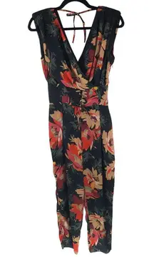 Zara Jumpsuit Semi Sheer Sleeveless Lace Up Shoulder Pads Floral Black Red XS