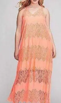 Womens Lane Bryant Bright Coral Lace Sleeveless Maxi Dress - Sz 22/24