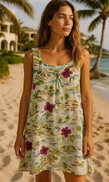 Cynthia Rowley Linen Dress Size L Floral Tropical Amalfi Coast 90s Beach Resort‎