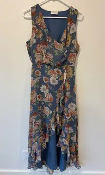 Dress Forum Los Angeles Blue Floral Midi Dress Slit Ruffle Formal Wedding Garden