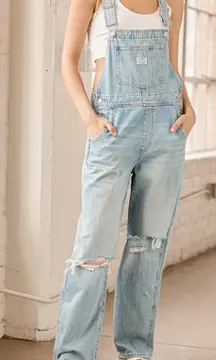 Levi’s Premium Vintage Denim Straight Leg Overalls Bright Light Wash Distressed