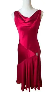 90s Y2K Red Silk Midi Dress Cowl Neck Asymmetrical Formal Wedding