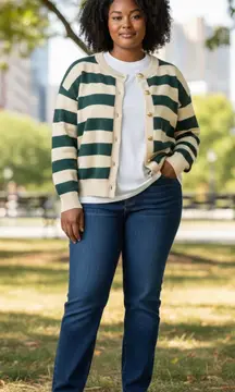 Long Sleeve Crew Neck Button Up Striped Sweater Cardigan Green White Size Large