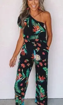 NWT  Black Tropical Days Havana Nights One Shoulder Pant Set Size L