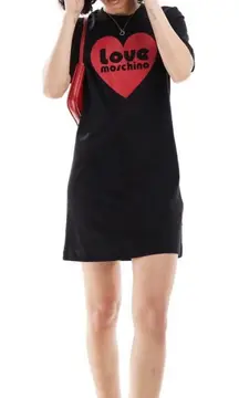 LOVE MOSCHINO Black Heart Logo T Shirt Dress Women Made in Turkey Size 8