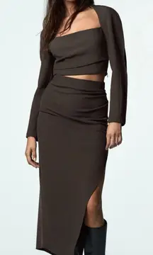 ZARA Voluminous Draped Long Sleeve Crop Top in Brown