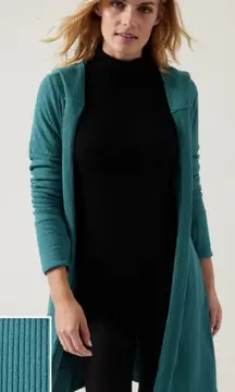 ATHLETA Harmony Pose Wrap Hooded Ribbed Yoga Cardigan in Dark Vista Teal Size S
