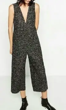 Zara Woman Black & Gray Textured Tweed Wide Leg Jumpsuit Size Medium