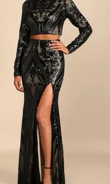 Lulus- Luxe Aesthetic Black Sequin Long Sleeve Two-Piece Maxi Dress -Size Small