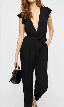 Free People Ruffle Your Feathers Black Deep-V Cap Sleeve Jumpsuit