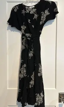 Black And White Floral Embroidered Wrap Dress