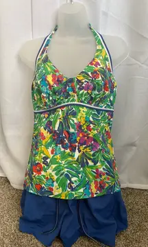 Lands End Womens Swimsuit Sz 12DD/10 Two Piece Halter Tankini & Short‎ EUC 0390
