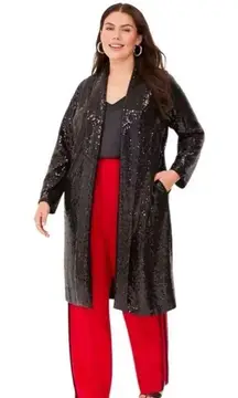 Lane Bryant black sequin long duster open front kimono womens 24 long sleeve NEW