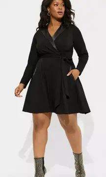 Torrid Tuxedo Dress Womens Size 24 Black Skater Satin Lapel Wrap Belt Mini