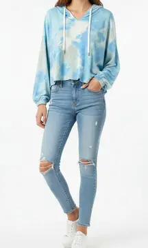 Frayed Jeans Hoodie Size Large Blue Tie Dye Cropped Long Sleeve Cotton Blend New