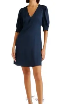 Quince Women's Washable Stretch Silk Puff Sleeve Navy Blue Mini Dress Size XS