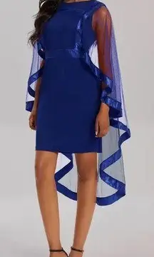 Formal Prom Dance Party Blue Mesh Shawl Cape Satin Sleeveless Fitted Mini Dress