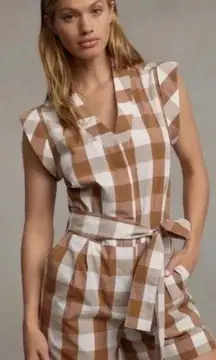 Anthropologie  Whit Two Gingham Romper Tan Brown White Size Small