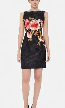 Tahari Jacquard Floral Sheath Dress - Black Pink Florals 4 Petite