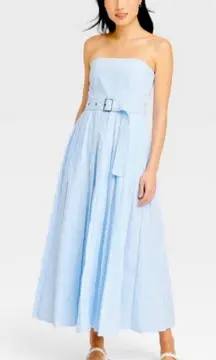 A New Day Blue White Stripe Bandeau Dress Belted Removable Straps sz 2