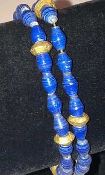 Blue and Gold Tone Paper Beaded Boho Stretchy Bracelets