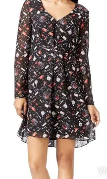 RACHEL ROY Long Sleeve Chiffon Dress V-Neck Pleated Short‎ Black Print Small New