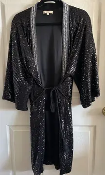 Chelsie & Violet Black Open‎ Front Sequin Duster Jacket Belted Kimono Size XL
