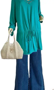 VENEZIA TEAL BEADED NECK DRAWSTRING WAIST V NECK TUNIC (4X)