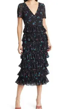 WAYF  The Darlene Black Floral Print Ruffle Tiered V-Neck Midi Dress Size XS NWT