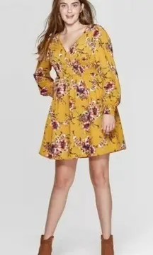 NWOT Gold Yellow Floral Long Sleeved Smocked Dress