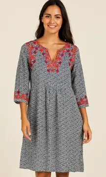 Boden Womens Blue White Red Embroidered‎ Paisley Linen Tunic Pocket Dress 12