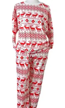 Christmas Pajama Set Jogger Pant Top Reindeer White Red Women's Size Medium