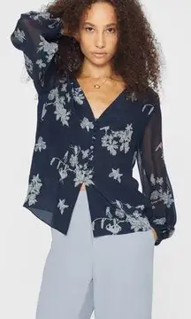 Club Monaco Silk Floral Printed Long Sleeve Blouse Button Front Navy Blue Large