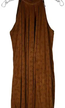Brown Vegan Suede Laser Cutout Dot Print Halter High Neck Dress M