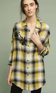 Maeve by Anthropologie Embroidered Yellow Plaid Button Down Shirt - Size - M/L