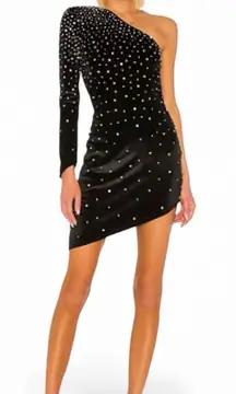 RETROFETE REVOLVE LANA BLACK ONE SHOULDER CRYSTAL EMBELLISH ASYMMETRICAL DRESS
