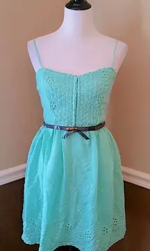 Mint Green Cotton Eyelet Sun Dress Bow Belt Boho City Triangles ModCloth Size 7