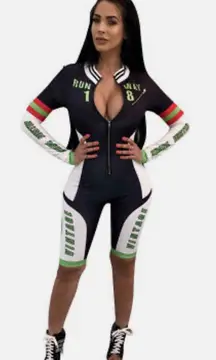  Sporty Digital Print Patchwork Zippered Bodycon Shorts Jumpsuit