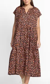 Calme by Johnny Was NWT Shirred Neck Midi‎ Dress Multicolor Large