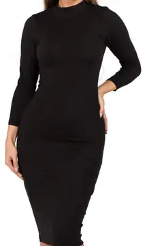 Black Women's 3/4 Sleeves Mock Neck Bodycon Midi Dresses