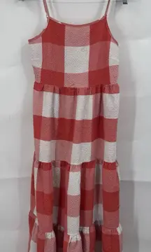 Lou & Grey Gingham Midi Dress Women Small Coral Tiered Farmhouse Peasant Cottage