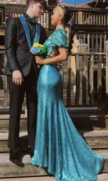 Teal Sequin Prom Dress
