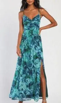 Teal Green Floral Print Twist Front Maxi Dress