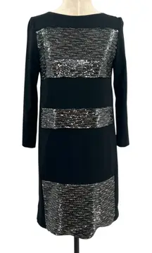 Gerard Darel Sequin Shift‎ Dress Long Sleeve Black Silver Size 38 US 6