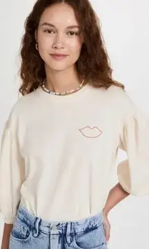 Clare V. | Drop-Shoulder Tee | Cream/Poppy | Embroidered Lips | Sz L