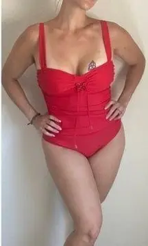 One Piece Swimsuit Red Tie Front 6