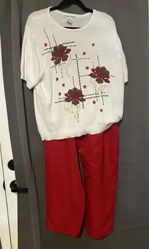 Alfred Dunner Red Pants & White Embroidered Floral Top Set, Women's Size 16
